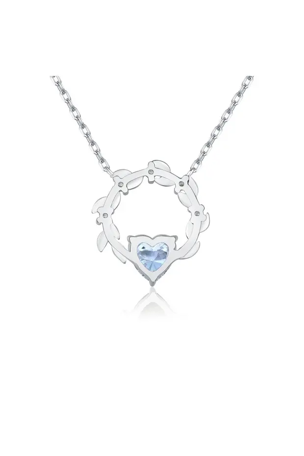 925 Ayar Gümüş Rodyum Kaplama Aqua Kalp Taşlı Vintage Kolye